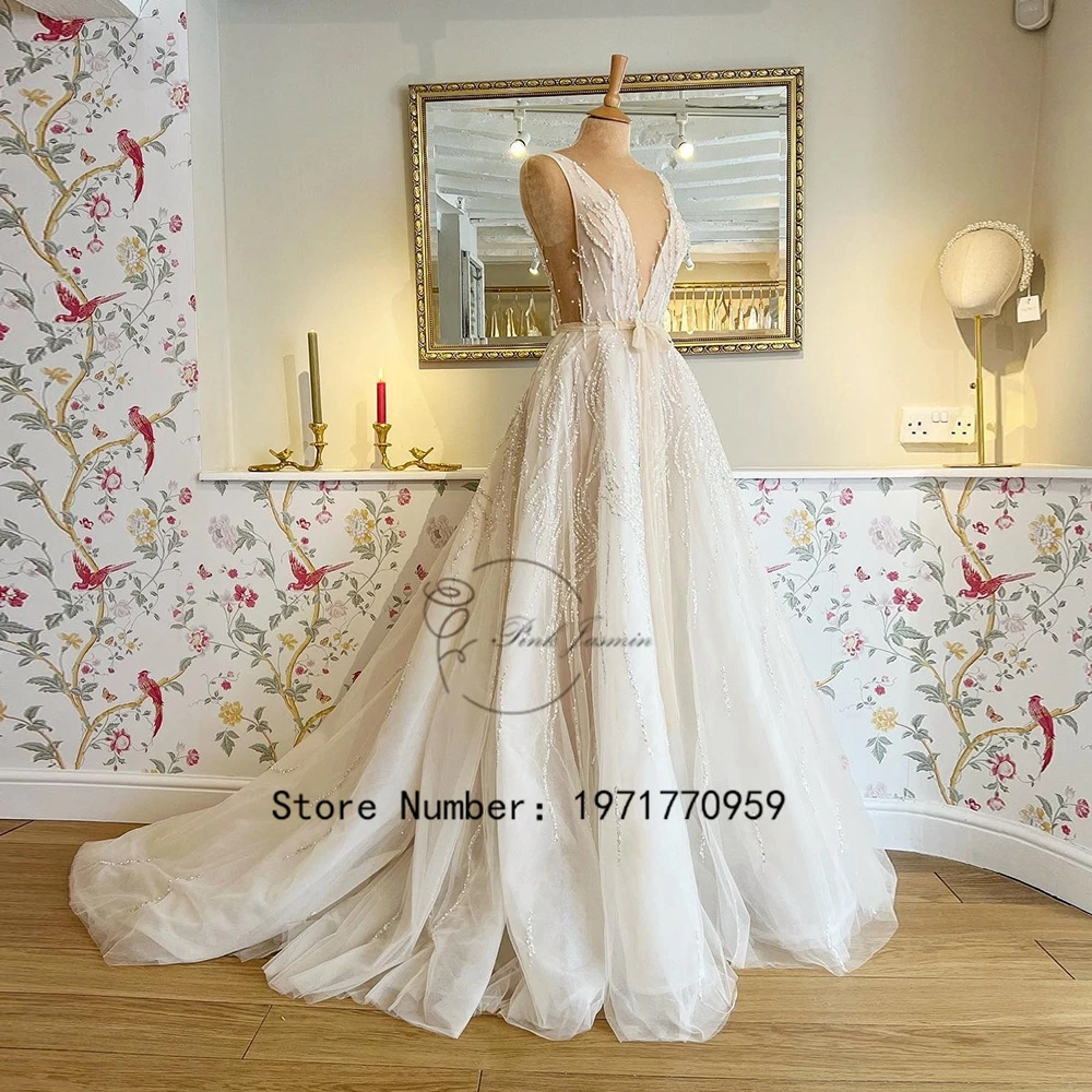 Top Trends: Deep V Neck Ivory Glitter Wedding Dresses For Bride Sleeveless Sweetheart Bow A Line Lace Applique Elegant Bridal Robe De Mariée Shoppable Styles