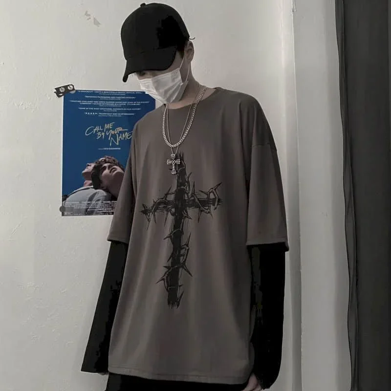 Top Trends: T Shirt For Men Y2K Vintage Long Sleeved T-shirt Men Clothes Autumn Cross Print Oversized Tshirt Harajuku Streetwear Men Tee Top Shoppable Styles