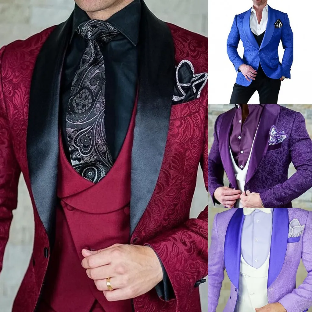 Top Trends: Hot Selling Mannen Pakken Patroon En Zwarte Bruidegom Smoking Shawl Satin Revers Bruidsjonkers Wedding Beste Man 3PCSBlack Pants Shoppable Styles