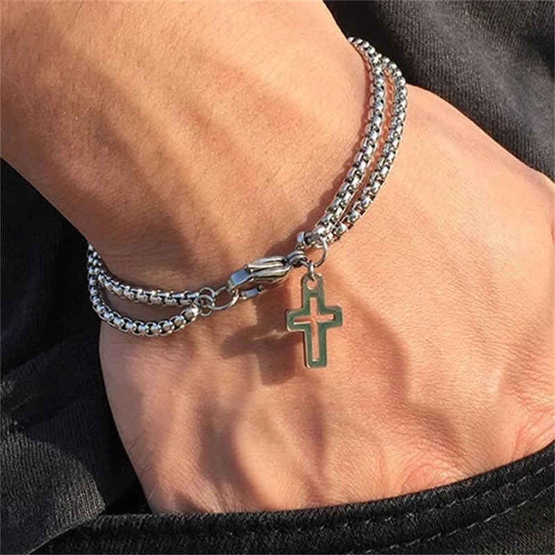 Top Trends: Double Chain Hollow Cross Pendant Stainless Steel Lobster Claw Claw Bracelet Fashion Hip Hop Punk Party Men's Jewelry Gift Shoppable Styles