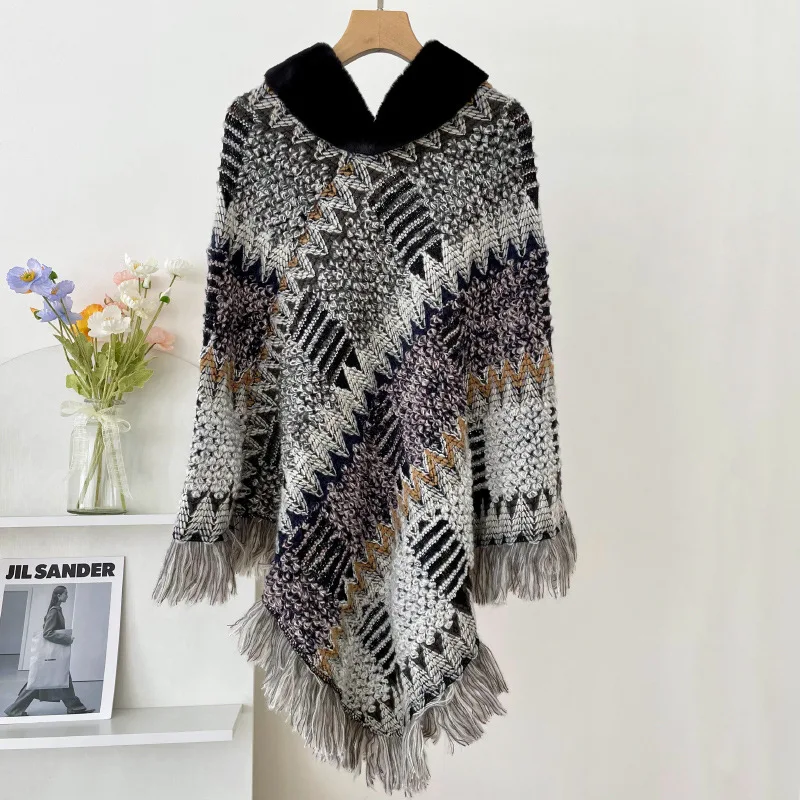 Top Trends: Autumn Winter Capes National Knitted Cloak Women New Pullover Cloak Tassel Warm Shawl Imitation Wool Collar Ponchos Gray Cape Shoppable Styles