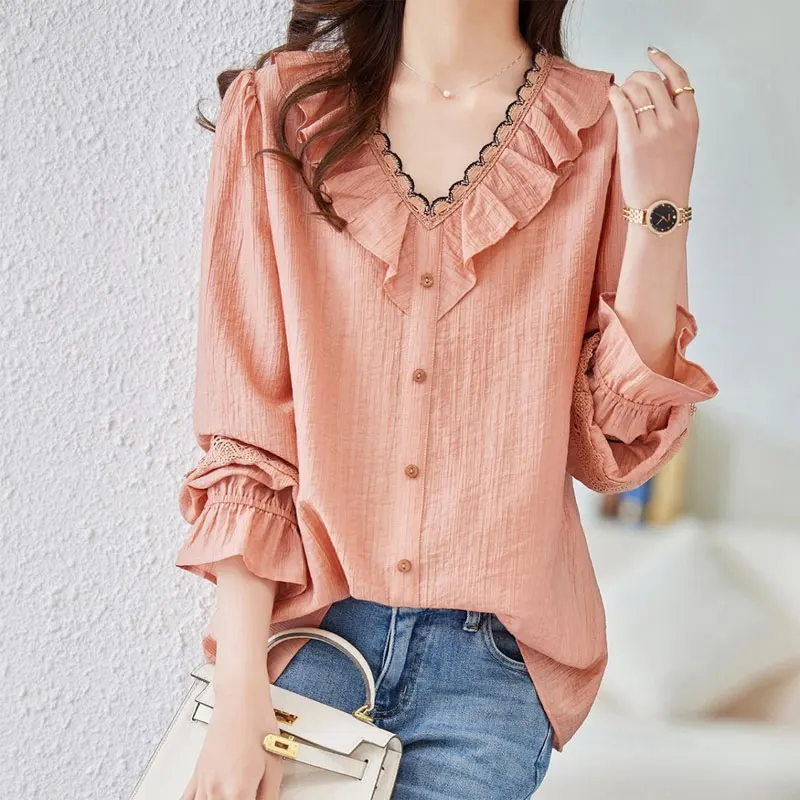 Top Trends: Women&#039;s Clothing Patchwork Folds Blouse Commute Button Spring Autumn Long Sleeve Lace Stylish Hollow Out Elegant V-Neck Shirt Shoppable Styles