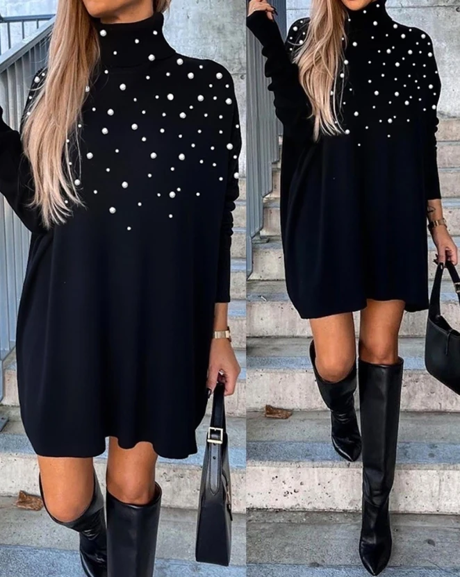 Top Trends: Womens Dresses Autumn Fashion Pearls Decor High Neck Casual Plain Long Sleeve Daily Straight Mini Dress Woman Clothing Shoppable Styles