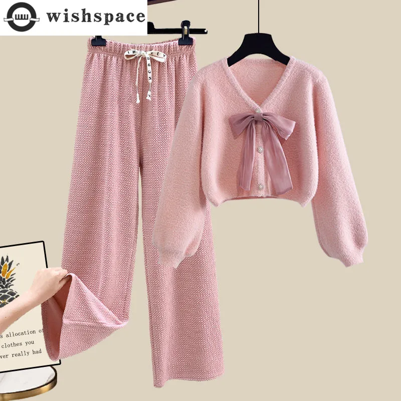 Top Trends: Korean Style Bow Knit Sweater Cardigan Casual Wide Leg Pants Two-piece Elegant Women's Pants Set Winter Tracksuit Shoppable Styles