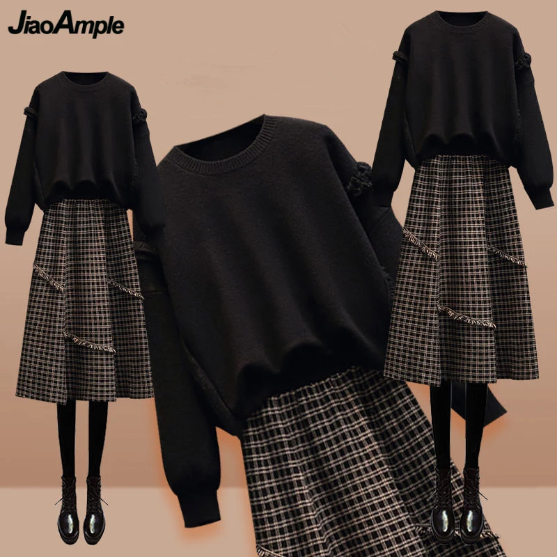 Top Trends: Women's Sping Autumn Vintage Chic Sweater Plaid Skirts 1 Or Two Piece Dress Set Lady Casaul Black Knit Pullover A-Line Skirt Shoppable Styles