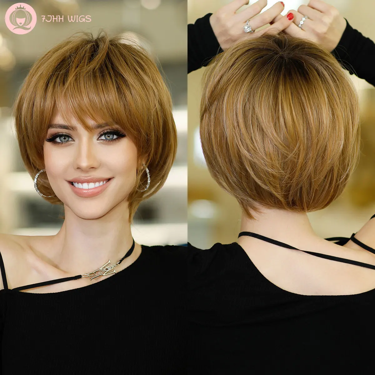 Top Trends: 7JHH WIGS Short Straight Bob Wig Ombre Blonde Wig For Black Women Daily Natural Synthetic Hair Wig With Bangs Heat Resistant Shoppable Styles