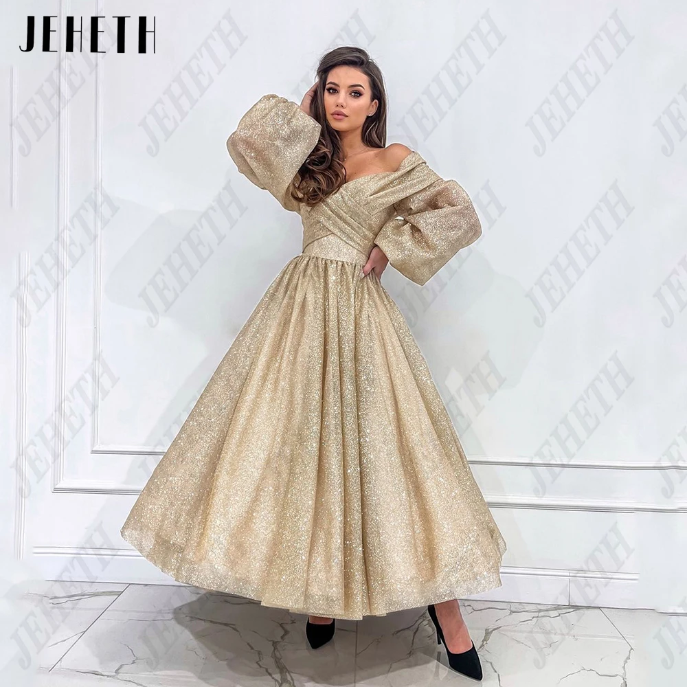 Top Trends: JEHETH Champagne Puff Sleeves Prom Gowns Glitter Off Shoulder V-Neck Evening Dresses Shiny Tulle A-Line Vestidos De Graduación Shoppable Styles