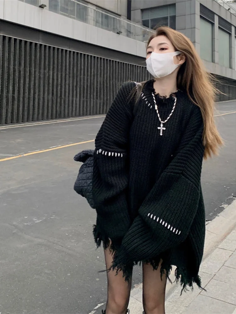 Top Trends: QWEEK Gothic Harajuku Black Sweaters Pullover Oversize Women Mall Goth Tops Streetwear Korean Fashion 2022 Autumn Knitwear Shoppable Styles