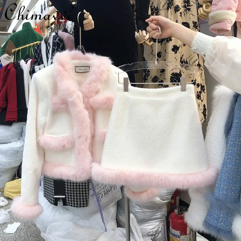 Top Trends: Two Piece Set Women Elegant Valve White Fur Furry Stitching Luxury Jacket High Waist A Line Short Skirt Lady 2022 Set With Skirt Shoppable Styles