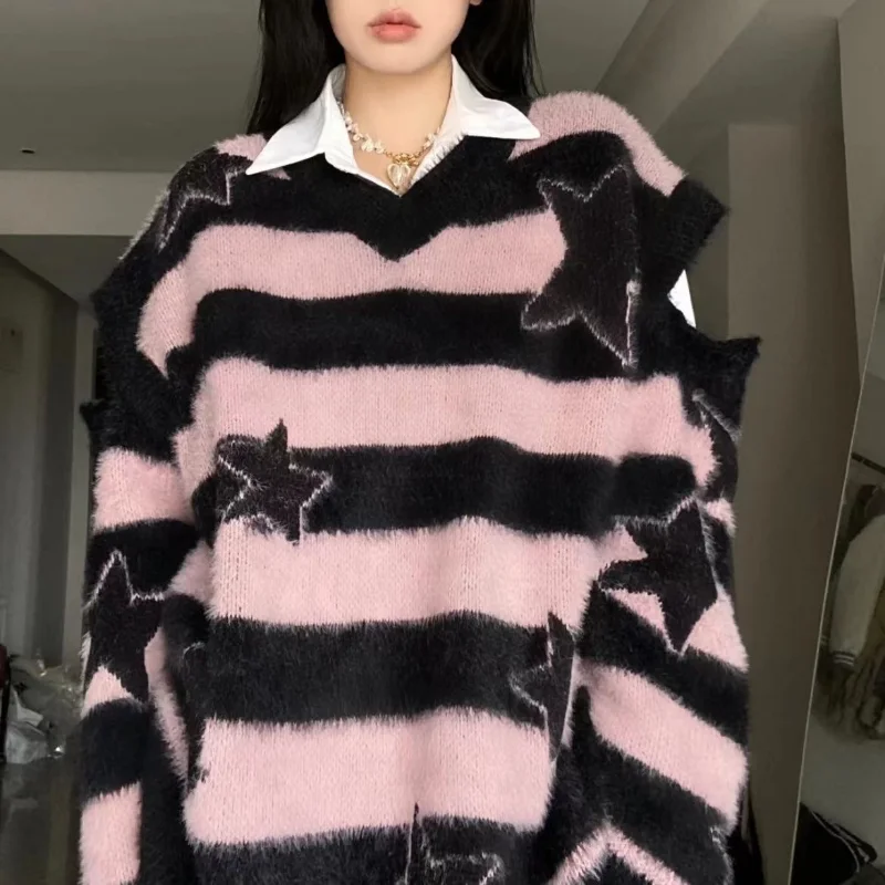 Top Trends: Deeptown Y2k Pink Striped Knitted Sweater Women Goth Vintage Jumper Korean Fashion Oversized Star Knitwear Aesthetic Harajuku Shoppable Styles