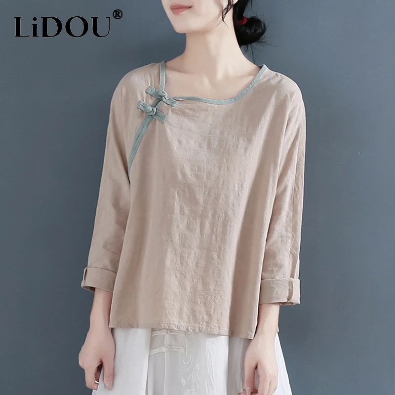 Top Trends: 2023 Spring New Chinese Style Round Neck Long Sleeve Shirt Women Vintage Elegant Slant Opening Button Cotton Hemp Pullovers Shoppable Styles