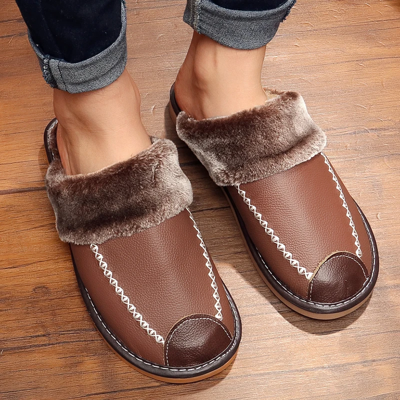 Top Trends: Men&#039;s Leather Home Warm Cotton Slippers Men&#039;s Home Autumn And Winter Indoor Wooden Floor Non-slip Thick Slippers Mens Slippers Shoppable Styles