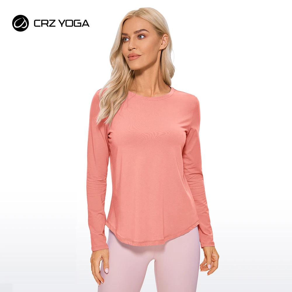 Top Trends: CRZ YOGA Autumn Winter Pima Cotton Workout Long Sleeve Shirts For Women Athletic Crewneck Yoga Casual Tops Plain T-Shirt Shoppable Styles