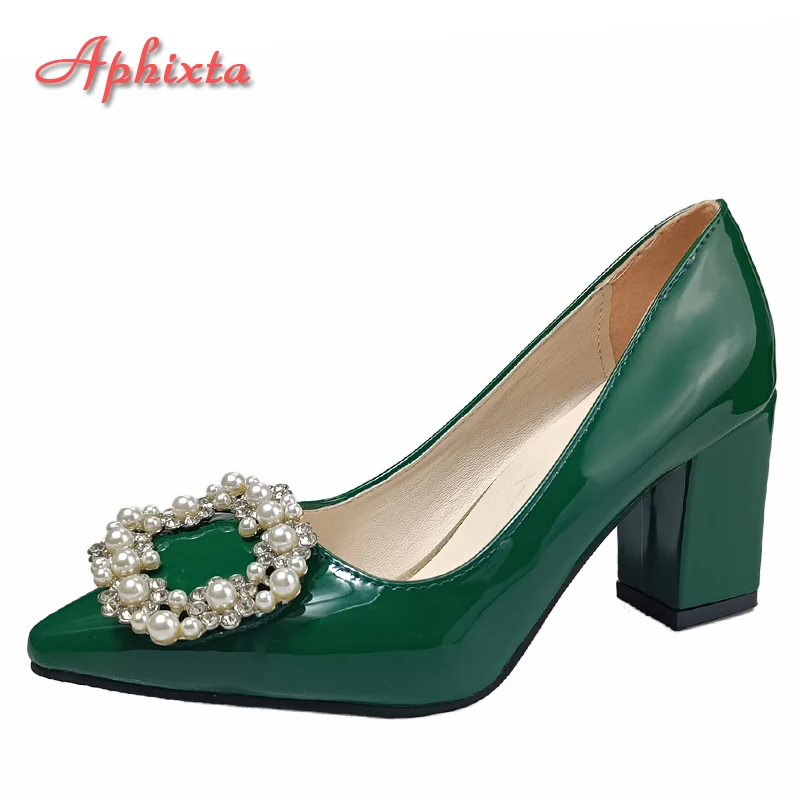 Top Trends: Aphixta New Dark Green Pearl Buckle Patent Leather Women's Pumps 7cm Square Heel Officile Pointed Toe Shoes Super Big Size 49 50 Shoppable Styles