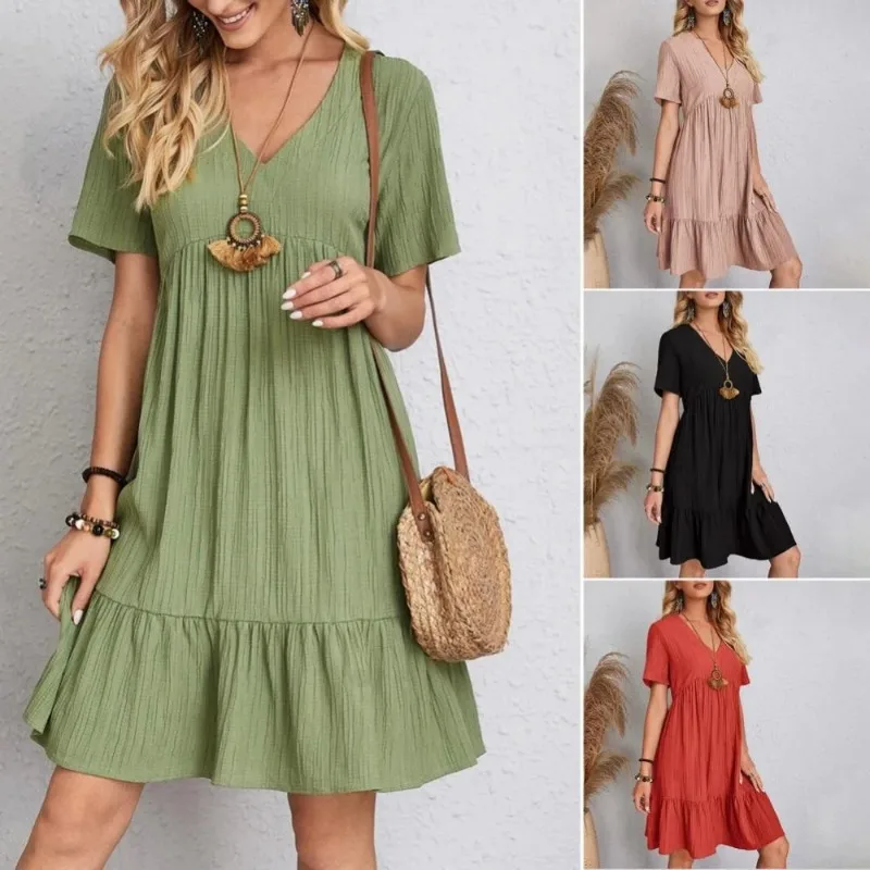 Top Trends: Women Solid Boho Dresses Summer Elegant V-neck Short Sleeve Ruffles Loose Dress Female Casual A-Line Party Vintage Mini Dress Shoppable Styles