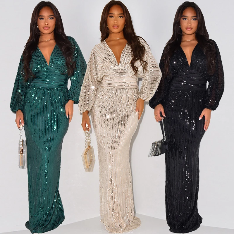 Top Trends: Sequin V Neck Evening Dress Women Bodycon Cocktail Elegant Dresses 2023 Lady Elegant Luxury Maxi Long Sexy Party Prom Dresses Shoppable Styles