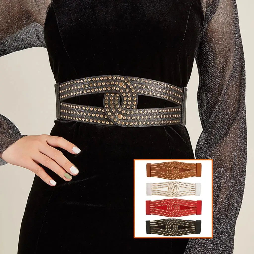 Top Trends: Ladies Vintage Elastic Waist Belt Black Rivet Stretchy Cinch Leather Party Dress Belt Accessories Women Cinturones Para Vestidos Shoppable Styles