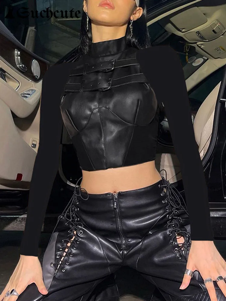 Top Trends: SUCHCUTE Gothic Dark Leather PU Patchwork T-shirts Girl’s Punk Style Button Up Bodycon Crop Tops Hippies Biker Full Sleeve Cloth Shoppable Styles