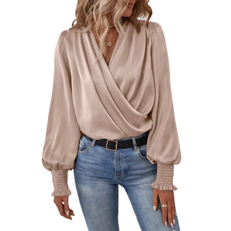 Top Trends: Autumn Pleated Lantern Long Sleeve Blouse Female Elegant Solid Color Crossover V Neck Pullover Shirt Women New Casual Loose Tops Shoppable Styles