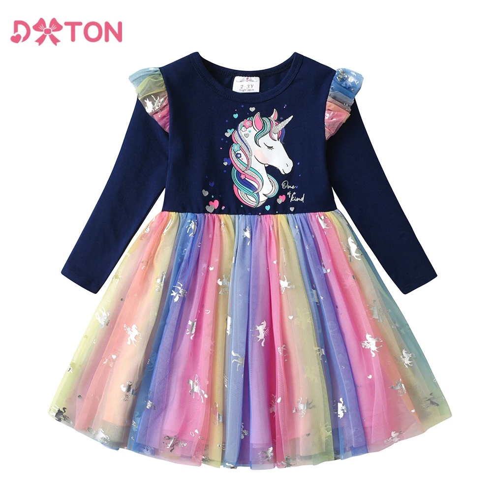 Top Trends: DXTON Unicorn Children Dresses Winter Flare Sleeve Kids Dress Colorful Princess Tutu Dress Toddler Birthday Party Prom Clothing Shoppable Styles