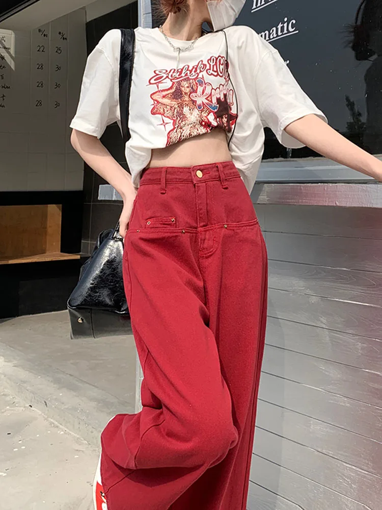 Top Trends: QWEEK Y2K Red Baggy Jeans Women Korean Style Basic Oversized Wide Leg Denim Pants Female American Retro High Waist Trousers Shoppable Styles