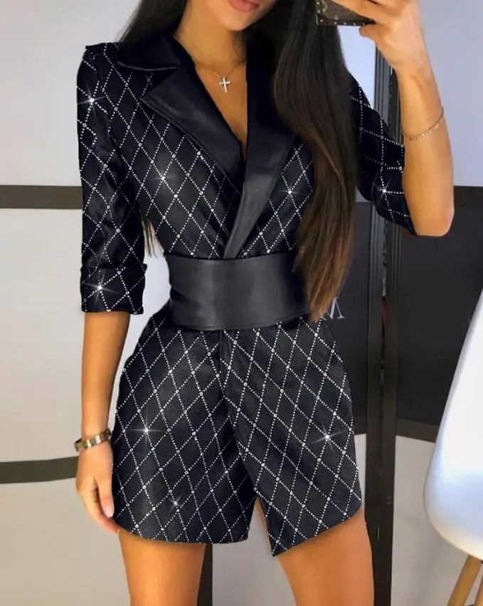 Top Trends: Women Elegant Plaid Pattern Pu Leather Colorblock Glitter Blazer Dress Long Sleeve Blazers Dress Black Elegant Dresses For Women Shoppable Styles - Image 3