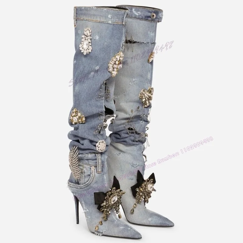 Top Trends: Blue Denim Crystal Decor Knee High Boots Bow Knot Pointed Toe Shoes For Women Thin High Heels Shoes 2023 Zapatos Para Mujere Shoppable Styles