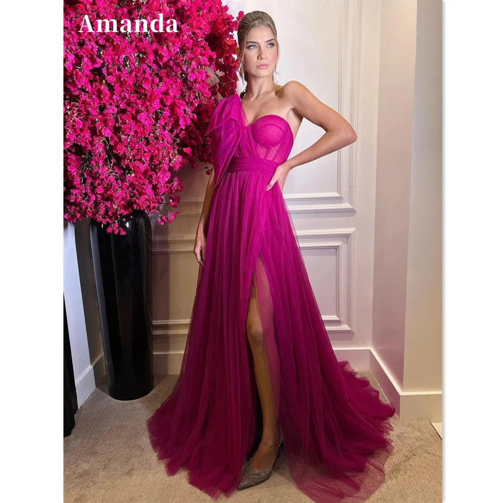 Top Trends: Amanda Tulle One Shoulder вечернее платье люкс 2023 Rose Pink A-line Prom Dress Sexy Side Split Party Dress Custom Evening Dress Shoppable Styles