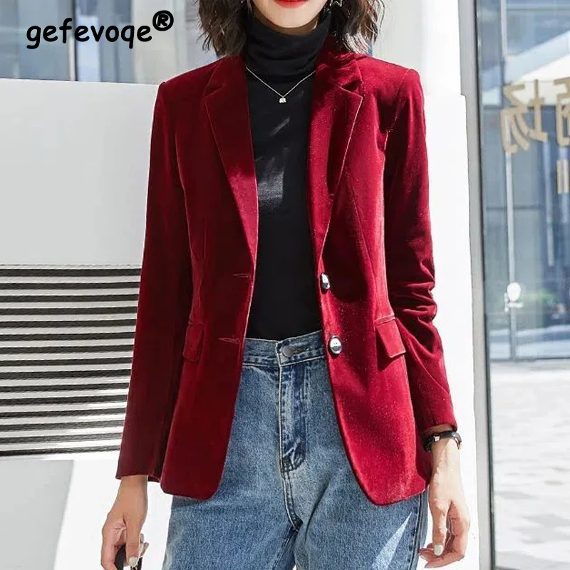 Top Trends: Women Retro Fashion Simple Luxury Golden Velvet Single Breasted Blazer Jacket Casual Solid Long Sleeve Slim Suit Coat Ropa Mujer Shoppable Styles