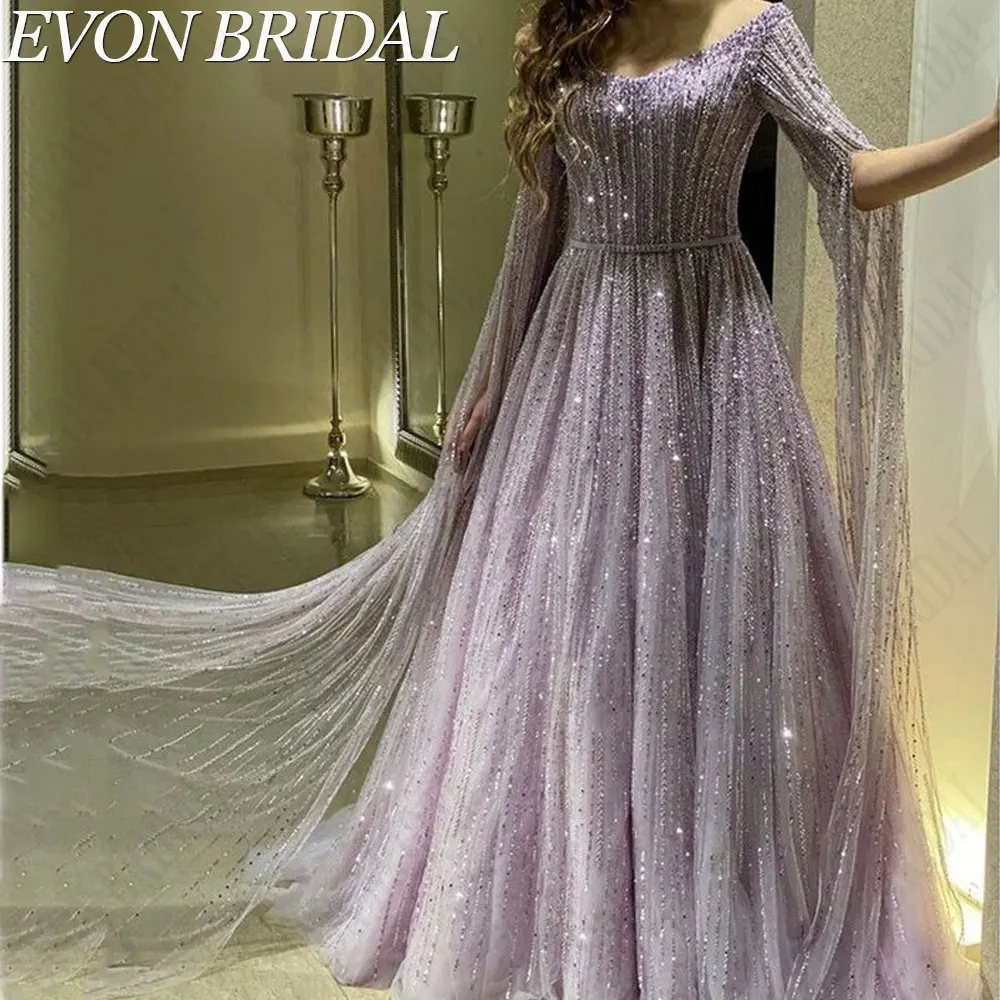 Top Trends: EVON BRIDAL Lavender Purple Tulle Evening Gowns Charming A-Line Sequined Party Dress Full Sleeves Custom Made Vestidos De Fiesta Shoppable Styles