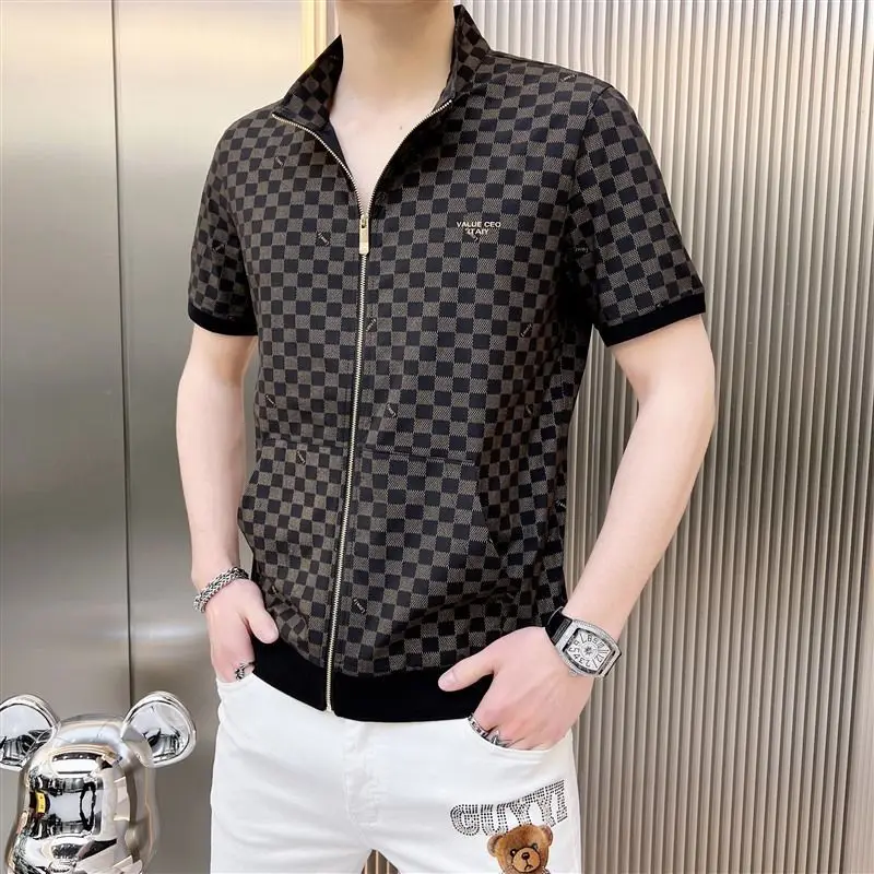 Top Trends: 2023 New Summer Fashion Trend Zipper Stand Collar Plaid Print Patchwork Pocket Casual Business Versatile Men's Cardigan Shirt Shoppable Styles