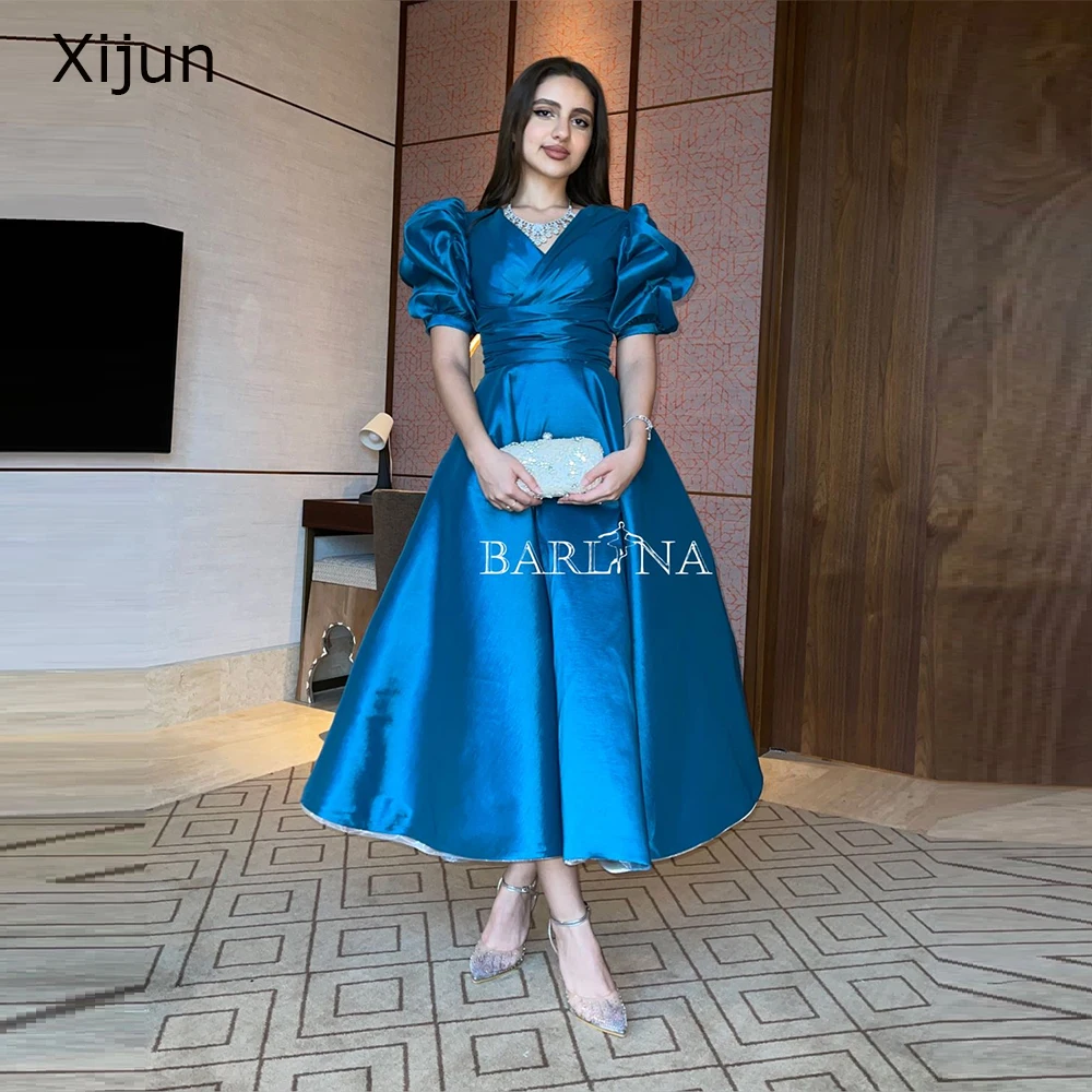 Top Trends: Xijun Blue SimpleEvening Dresses Saudi Arabric V-Neck Prom Dresses A Line Ankle Length Prom Gown Formal Party Dresses 2023 Women Shoppable Styles