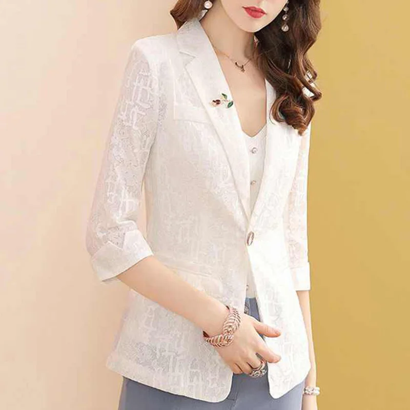 Top Trends: Elegant Solid Color Spliced Pockets Lace Blazer Women's Clothing 2023 Summer New Oversized Casual Tops Loose Office Lady Blazers Shoppable Styles - Image 3