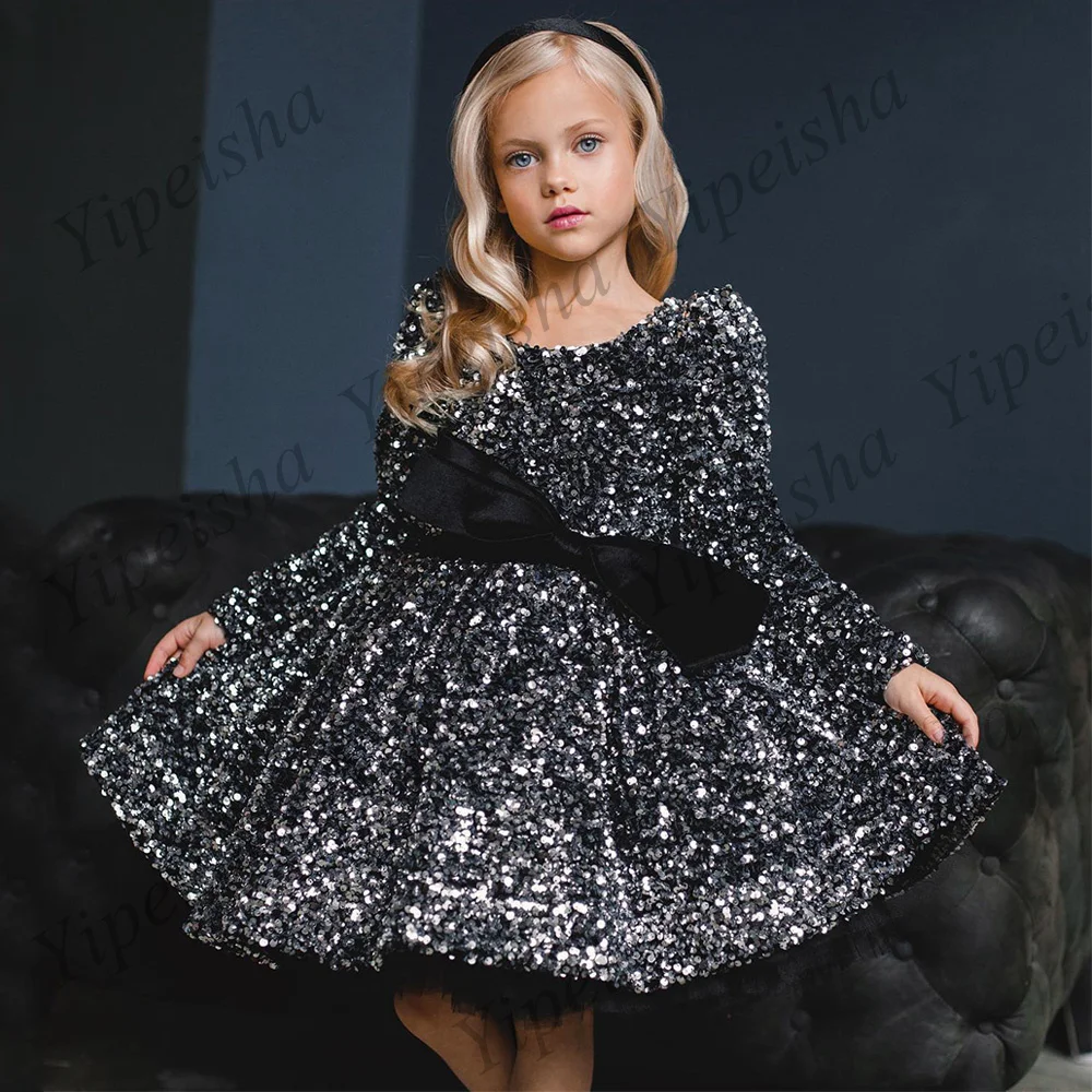 Top Trends: Grey Flower Girl Dress Long Sleeves Scoop Neck Sparkling Sequin Puff First Communion Gown Above Knee Christmas Party Dresses Shoppable Styles