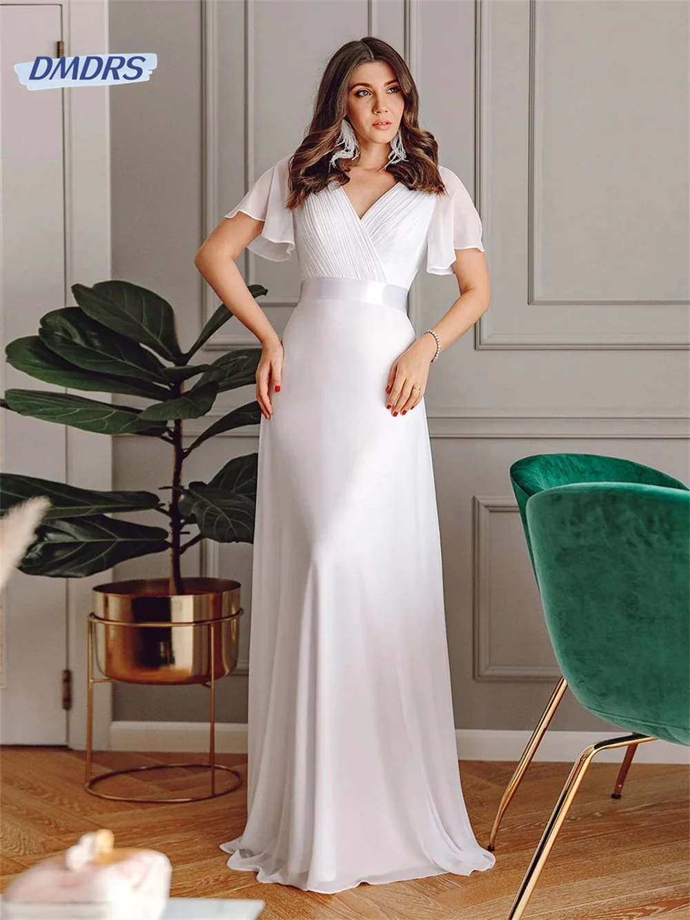 Top Trends: Classic Deep V-neck Floor-length Wedding Dress Graceful Short Sleeve A-line Bridal Gown Simple Vestidos De Novia Shoppable Styles