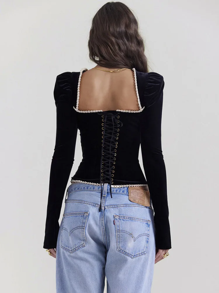 Top Trends: Mozision Square Collar Backless Bandage Sexy T-shirt Women Autumn Winter New Black Shoulder Pad Sleeve Skinny Sexy Party Tops Shoppable Styles - Image 4