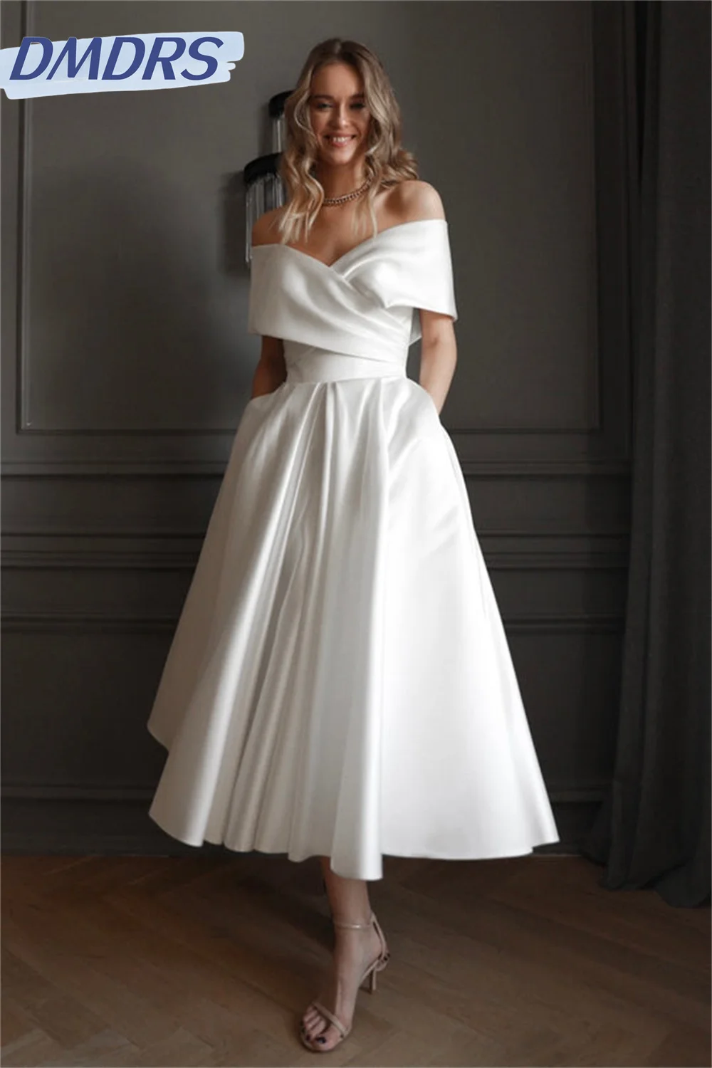 Top Trends: Satin Off The Shoulder Wedding Dress Pleat A-Line Mid-Calf Bridal Lace Up Dresses With Pocket Sexy Back Civil Bride Custom Gown Shoppable Styles