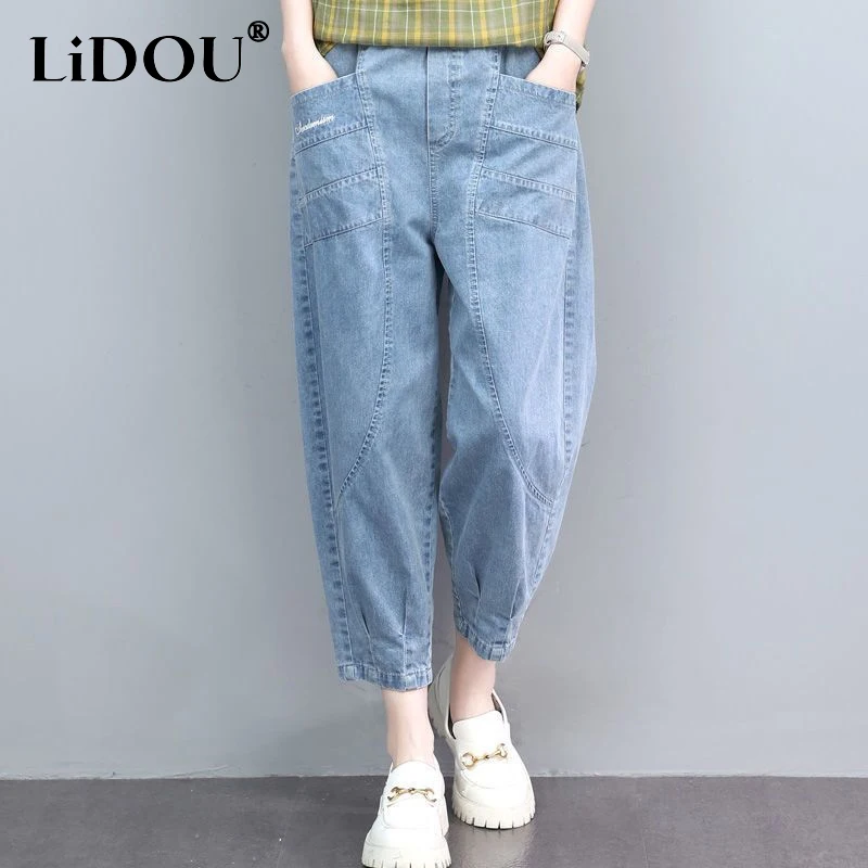 Top Trends: Spring Summer Solid Color High Waisted Thin Style Ankle Length Pants Women Elastic Waist Embroidered Pockets Cowboy Haren Pants Shoppable Styles