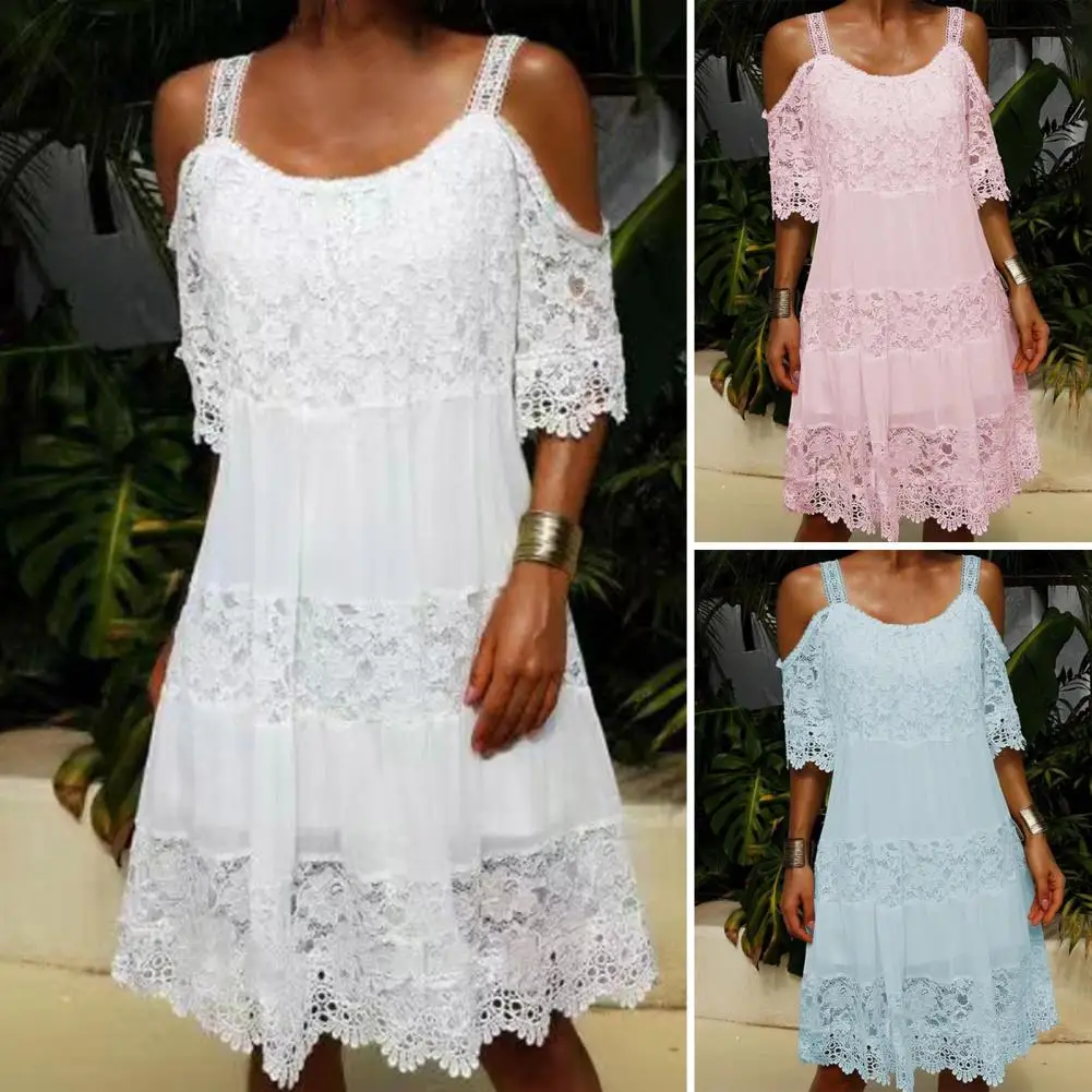 Top Trends: Summer Dress Sling Cold Shoulder Half Sleeve Loose Summer Dress Crochet Embroidery Lace Stitching Mini Dress Female Clothing Shoppable Styles