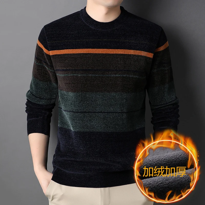 Top Trends: Autumn Winter Round Neck Vintage Striped Casual Sweater Male Loose All-match Pullover Jumpers Hombre Add Plush Knitting Top Men Shoppable Styles