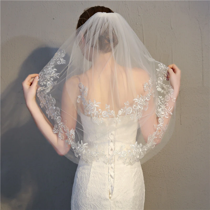 Top Trends: NEW Short Wedding Veil Embroidered Glitter Silver Wire Floral Lace Trim 2 Tier Appliqued Bridal Mesh Veil With Comb Bridal Veil Shoppable Styles