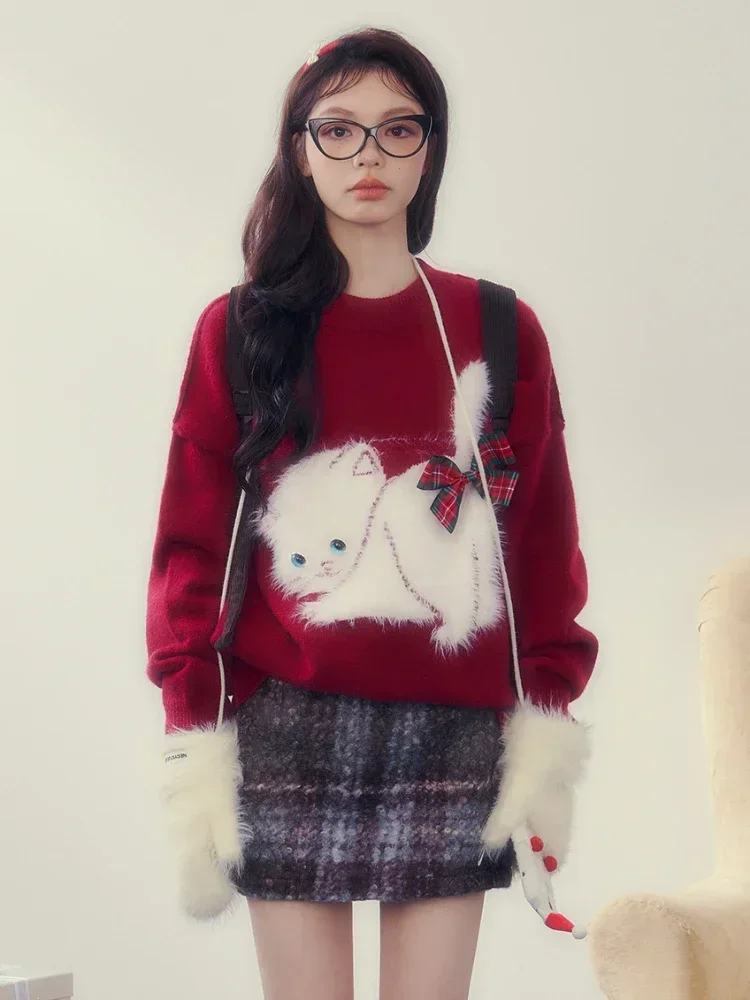 Top Trends: ADAgirl Kawaii Cat Print Sweater Women Bow Graphic Pullover Oversized Streetwear Female Korean Fashion Christmas Winter Clothes Shoppable Styles