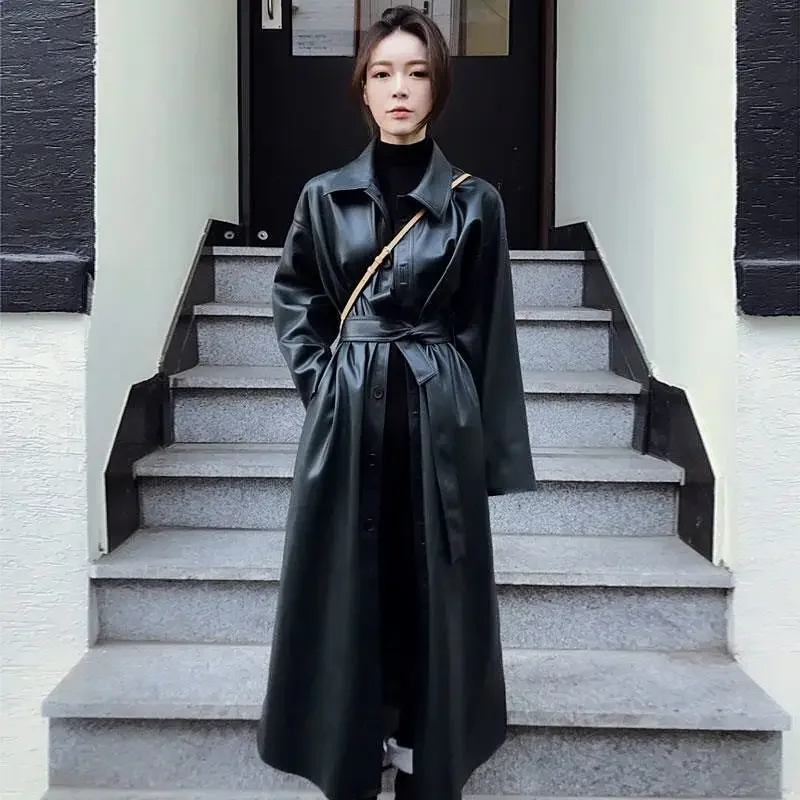 Top Trends: New Korean PU Trench Women Fashion Loose Thin Long Sleeved Coats Woman Autumn Long Leather Jacket Shoppable Styles