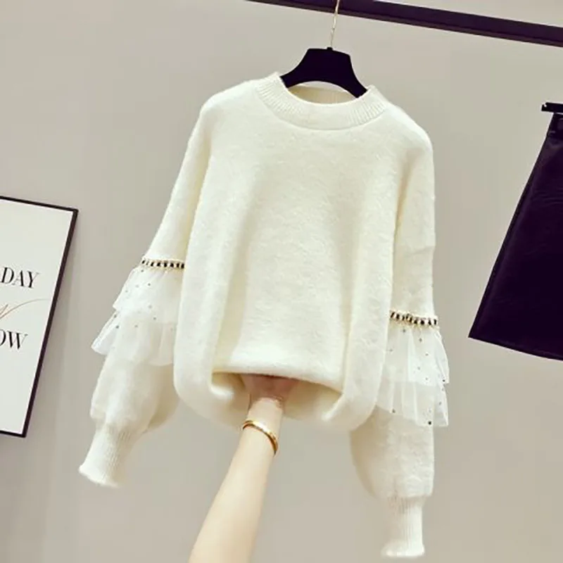 Top Trends: Fashion Diamonds Lace Lantern Sleeve Sweaters Female Clothing 2023 Autumn Winter New Loose Sweet Pullovers Casual Sweaters Shoppable Styles