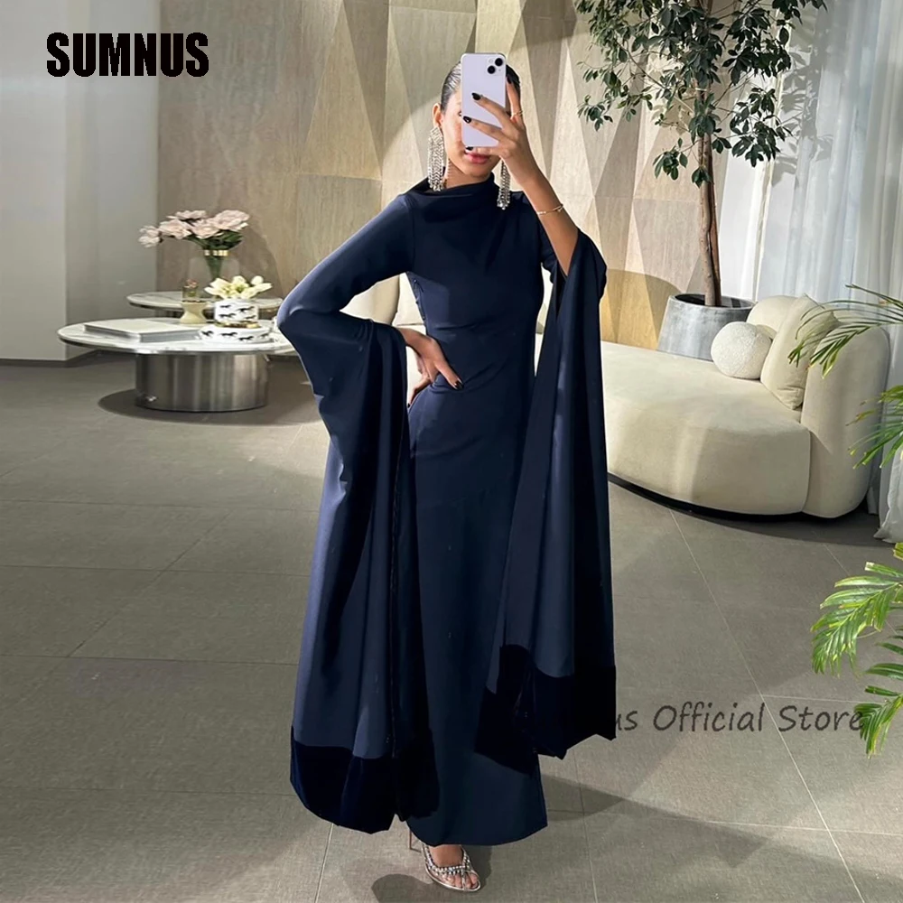 Top Trends: SUMNUS Navy Blue Mermaid Evening Dresses Long Sleeve Boat Neck Arabic Dubai Prom Dress With Slit Ankle Length Formal Party Gowns Shoppable Styles