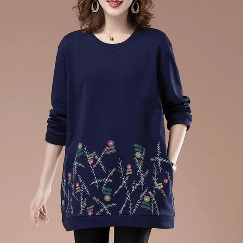 Top Trends: Women&#039;s Round Neck Plus Size T-shirt 2023 Autumn And Winter New Loose Midi Long Sleeve Printing Pocket Folk Commute Hoodies Tops Shoppable Styles