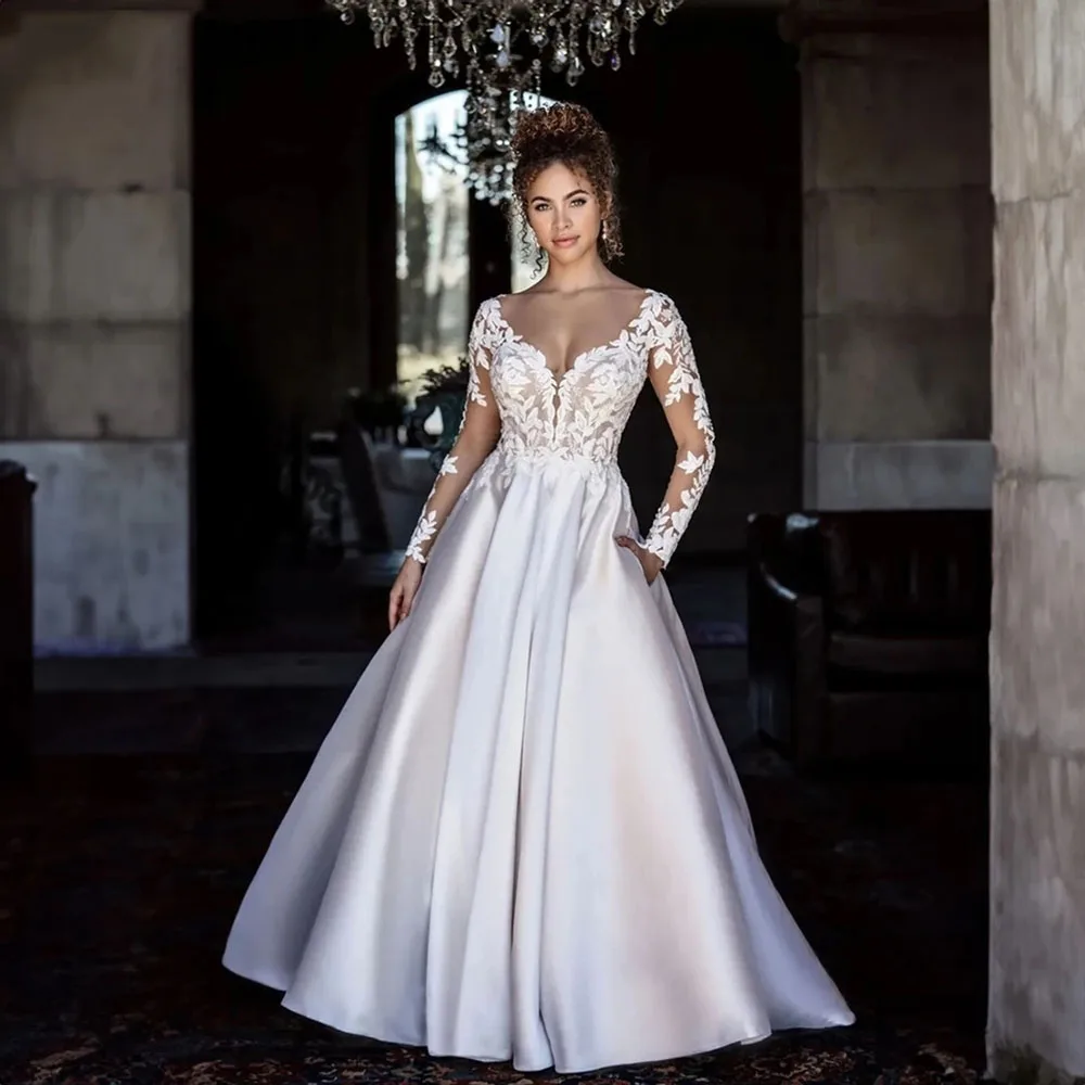 Top Trends: SoDigne Sexy Backless Boho Wedding Dresses With Pockets Long Sleeves V Neck Lace Bridal Dress Satin Illusion Bride Gowns Shoppable Styles