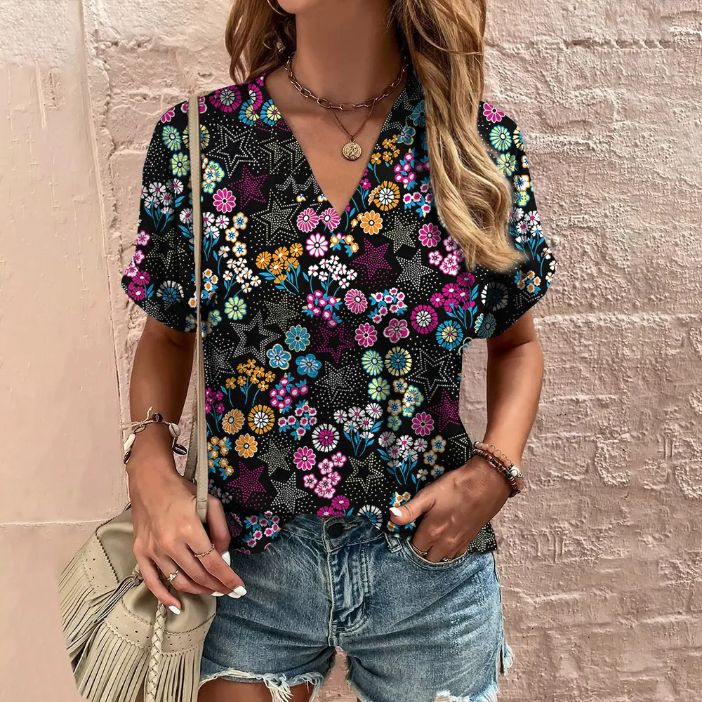 Top Trends: Retro Print Women&#039;s T Shirt Classic Floral Tees For Ladies Summer V-Neck Short Sleeve Tops Female Oversized Clothes Daily Blouse Shoppable Styles