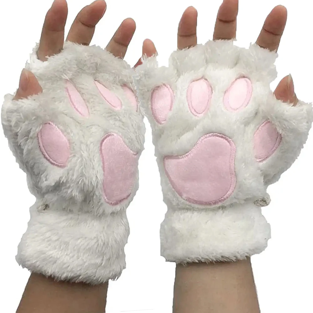 Top Trends: Women Cartoon Cat Claw Paw Plush Mittens Warm Soft Plush Fingerless Fluffy Bear Cat Gloves Costume Half Finger Christmas Gift Shoppable Styles