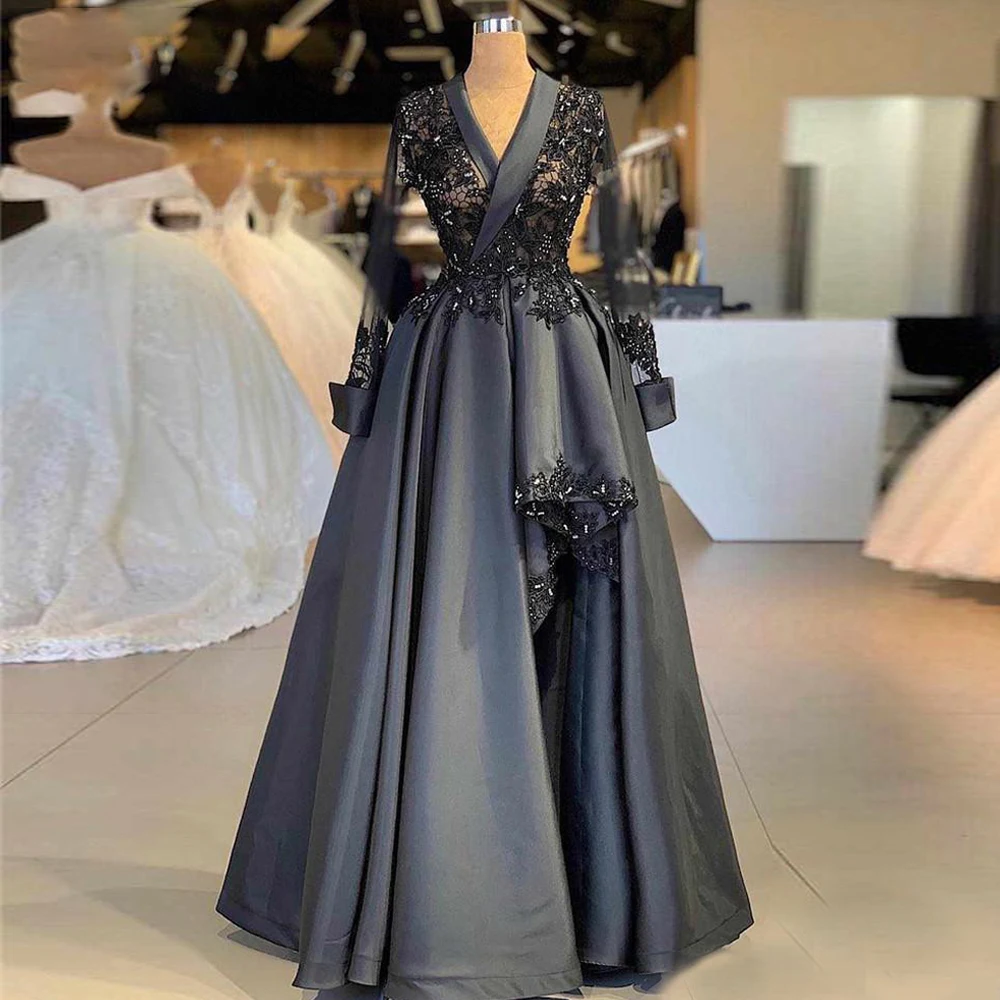 Top Trends: Dark Grey Luxury V Neck Lace Evening Dress Vintage Sheer Long Sleeve Satin Formal Evening Dress Arabic Plus Size Party Pageant P Shoppable Styles